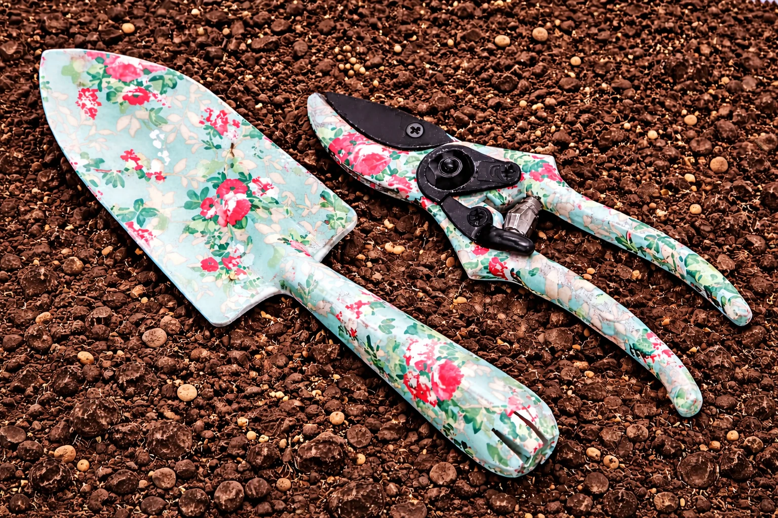 Gartengeraete mit Rosendruck