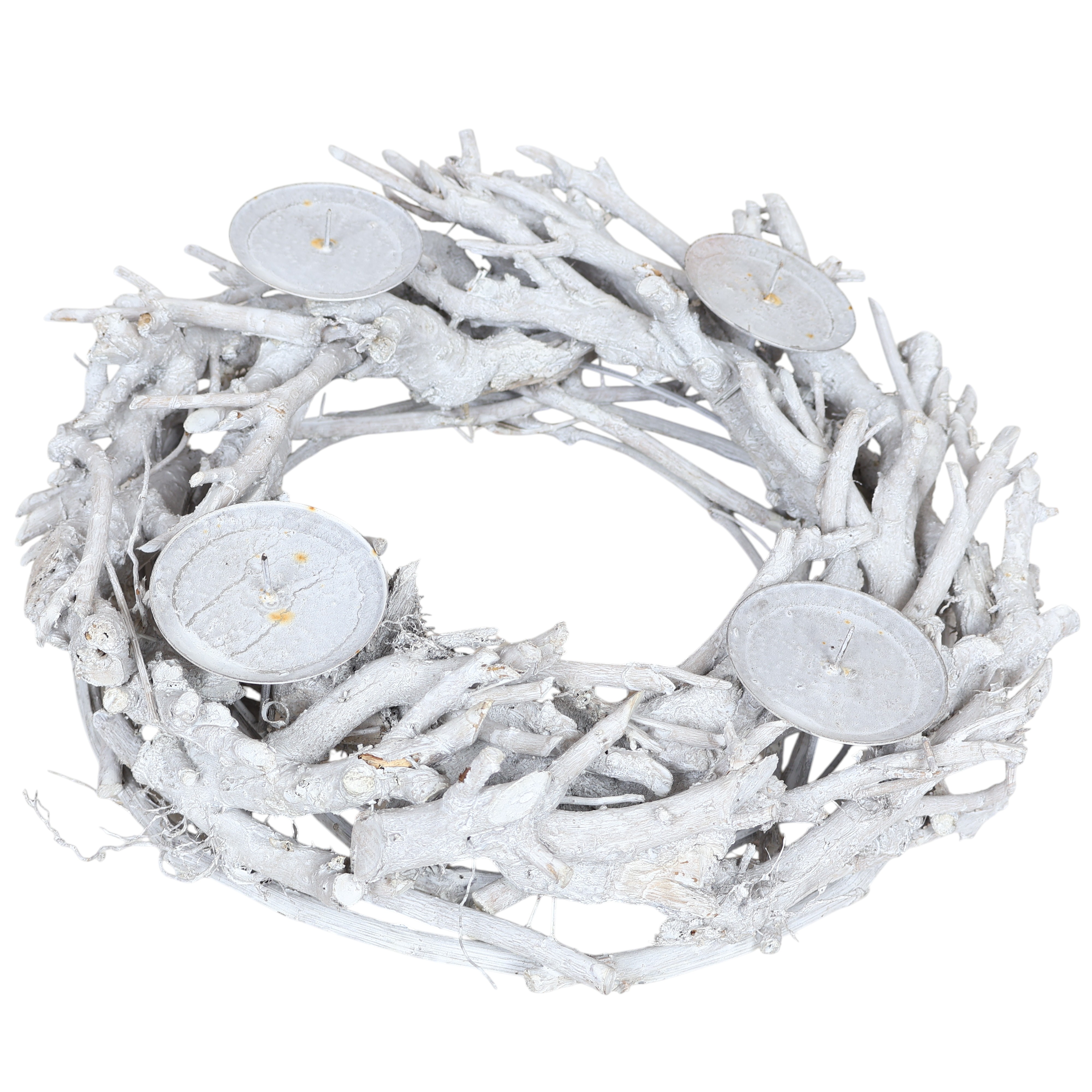 Kranz Ø 40 cm aus Holzästen – weiß gekalkt, mit 4 Kerzentellern