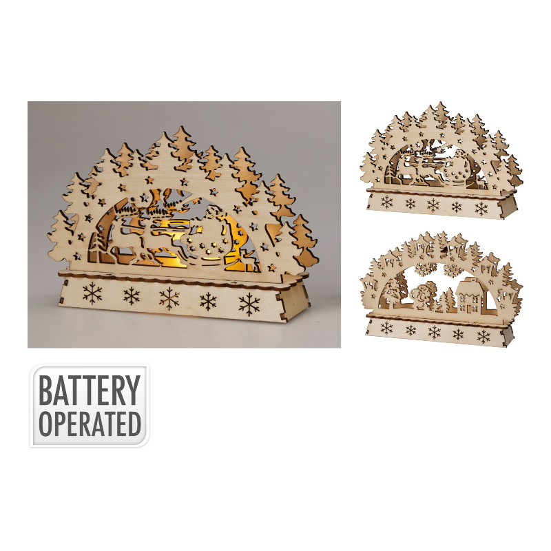 Weihnachtsszene 10 cm mit LED – Naturholz, batteriebetrieben