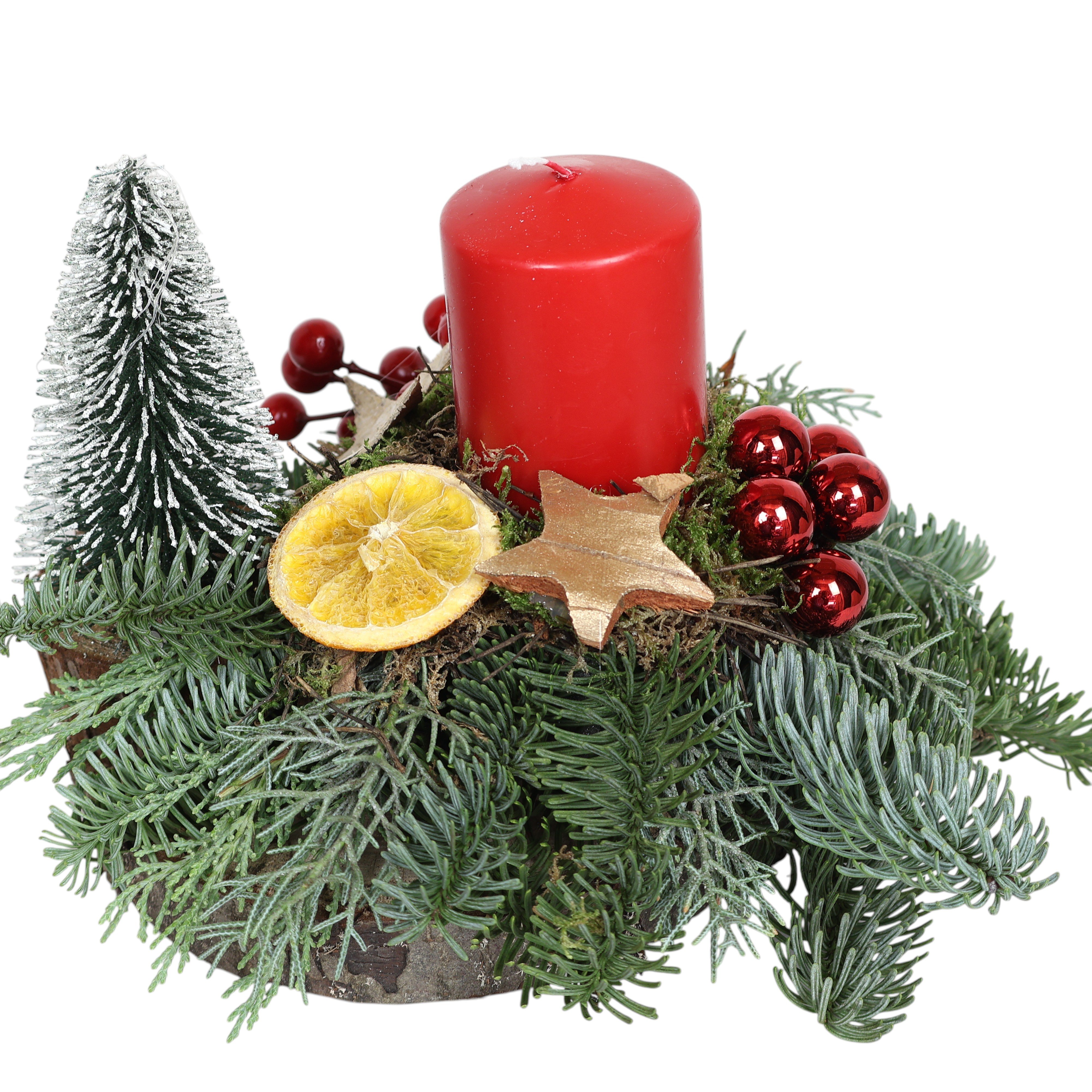 Advents-Gesteck "Rindenscheibe" Ø25cm - mit Tannengrün & Kerzen