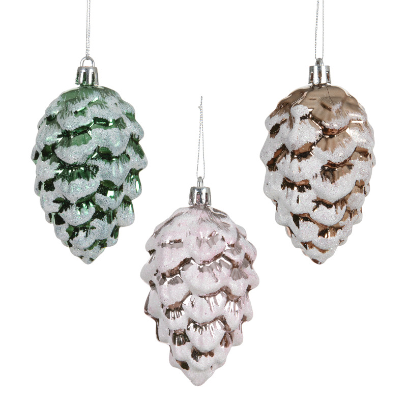 Zapfen-Anhänger aus Kunststoff Ø5 × H9 cm – 3 Farben sortiert, Schnee-Effekt