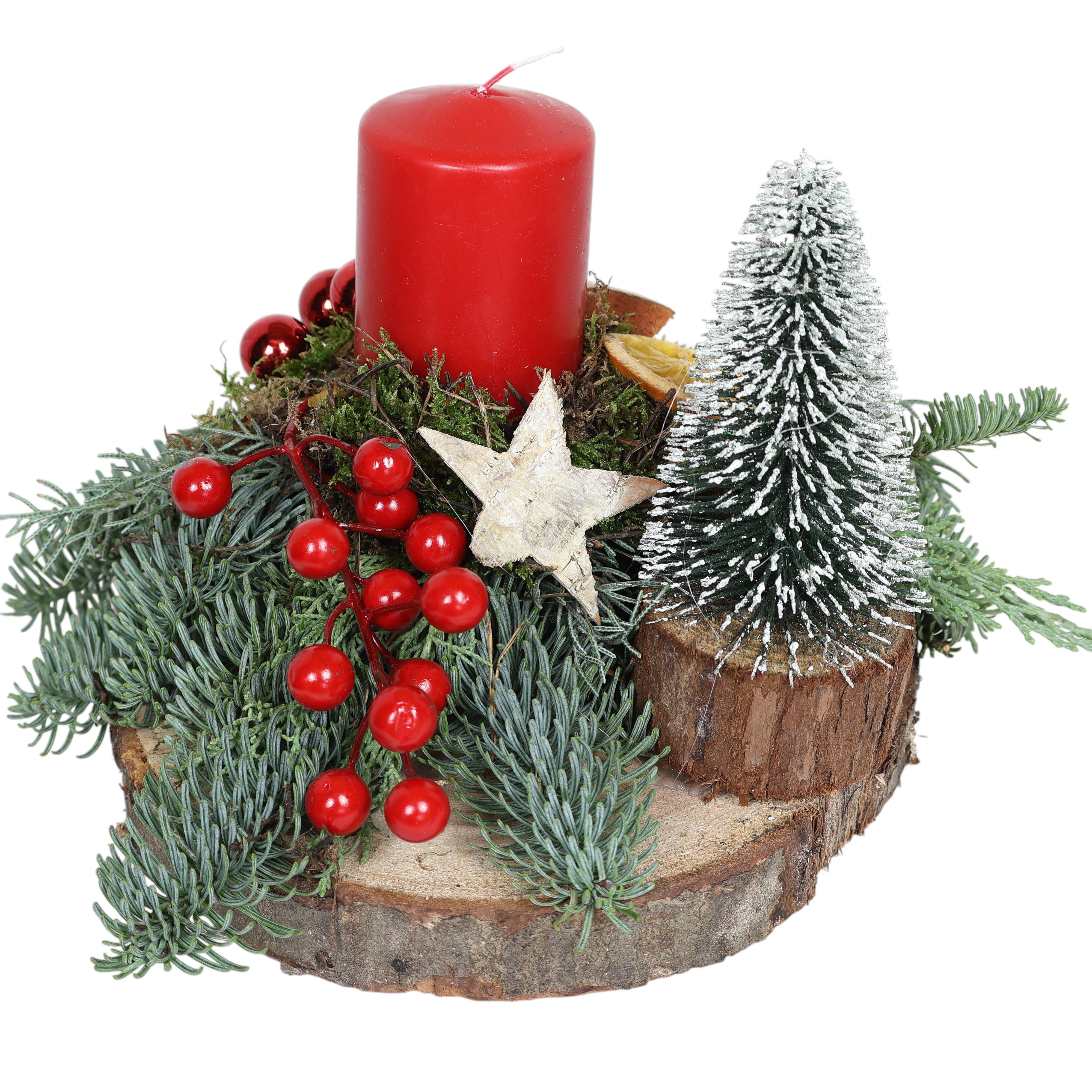 Advents-Gesteck "Rindenscheibe" Ø25cm - mit Tannengrün & Kerzen